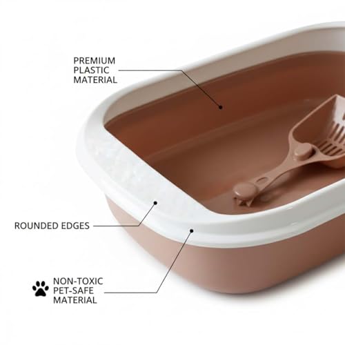 Image of PETS EMPIRE Cat Litter Box Tray with Free Scooper - Semi-Closed Design, Durable Quality, Suitable for All Adult Cats & Kittens, Brown