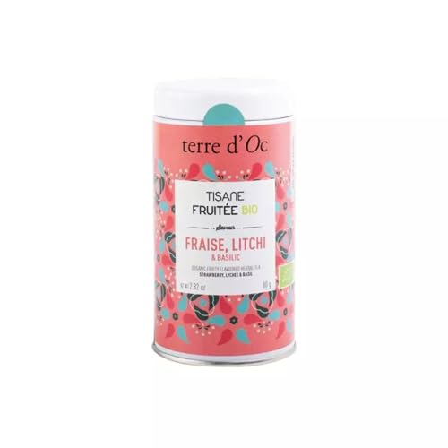 Terre d'Oc - Tisane Fruitée Bio - Saveur Fraise, Litchi & Basilic - Boite en métal - Sans théine - Vrac - Idée Cadeau Homme et Femme - 80g