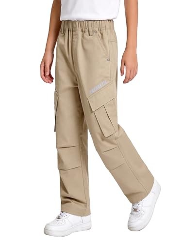 Rolanko Boys Cargo Pants Kids Wide Leg Hiking Pants with Pockets Baggy Cargo Jogger Pant for Kids Camping Hiking School Casual Trousers (Khaki, 9-10 Years)