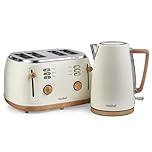 VonShef Kettle and Toaster Set – Scandi 1.7L Rapid Boil Kettle 3000W & 4 Slice Wide Slot Toaster 1500W with 6 Browning Controls & High Lift – Nordic Cream and Wood Accents – Fika Range