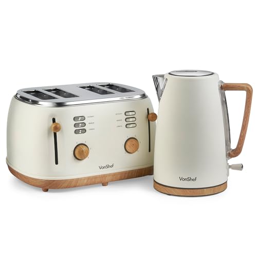 VonShef Kettle and Toaster Set – Scandi 1.7L Rapid Boil Kettle 3000W & 4 Slice Wide Slot Toaster 1500W with 6 Browning Controls & High Lift – Nordic Cream and Wood Accents – Fika Range