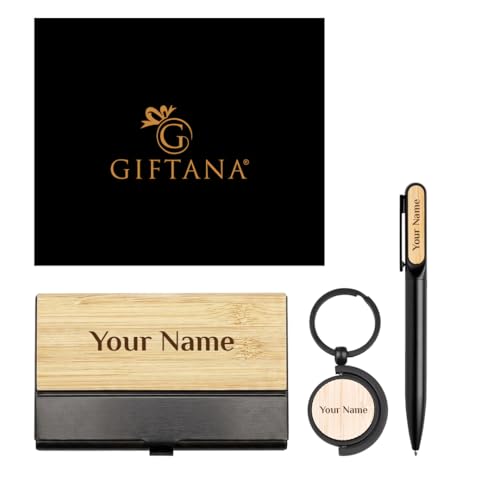 Image of Giftana Personalized Dual Side Keychain with Pen and Bamboo Visiting Card Holder Gift Set for Men & Women, Personalised Gifts for Husband, 3 in 1 Corporate Gifts for Employees, Clients,