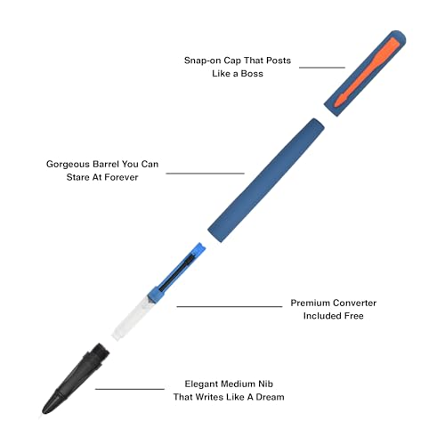 Image of BUZZ COOL Fountain Ink Pen With Ink Converter Pump | Blue Body, Orange Clip Metal Fountain Pen with Fine Nib(0.5mm) | Zero Ink Leakage Smooth Writing Ink Pen