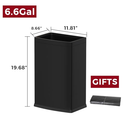 Image of 25L /6GALSquare Kitchen Trash can,Black Metal Trash Can for Bathroom,Black Stainless Steel Trash can for Kitchen,Commercial,Detached House (6.6gallon Black)