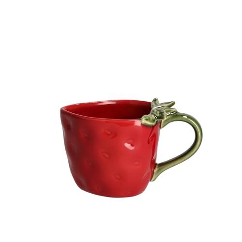 home&you Mansika - Taza grande de café, té, chocolate caliente, taza original de gres, forma fresa, decoración de cocina, regalo de amiga, compatible con microondas y lavavajillas, color rojo oscuro