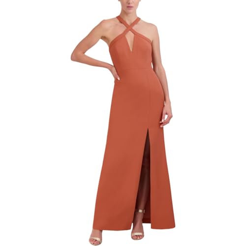 Image of BCBGMAXAZRIA Women's Fit and Flare Floor Length Evening Dress Criss Cross Halter Neck Cut Outs Side Slit