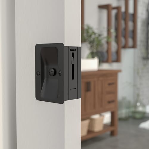 Image of Richelieu Hardware 1701FBPSBC Onward Rectangular Pocket Door Pull with Privacy Lock, 3-1 /4 in (82 mm), Black