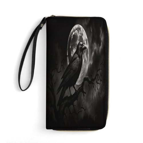 Gothic Raven Moon Women's Wallet Wristlet Zipper Purse with Hand Strap Travel Credit Card Holder for Daily Use Gifts
