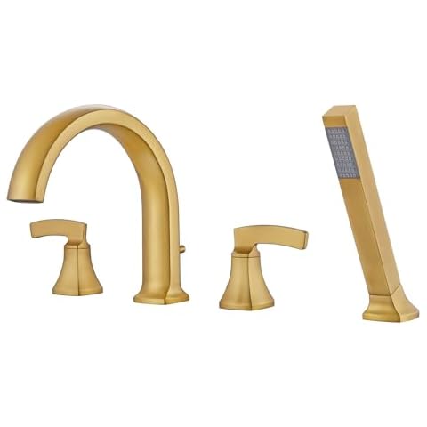 Artiqua Roman Tub Faucet Deck Mount Tub Filler Brushed Gold Waterfall Bathtub Faucets 4 Hole Brass Bathroom Faucets with Hand Shower Cover