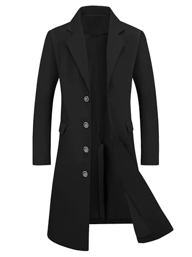 Lars Amadeus Men's Winter Overcoat Single Breasted Notched Lapel Long Trench Coat