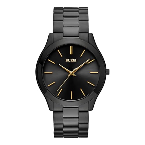 BUREI Men Watches Fashion Analog Stainless Steel Quartz Waterproof Watches,Gift for Men. (Gold-Black-Black, Black, Stainless Steel)