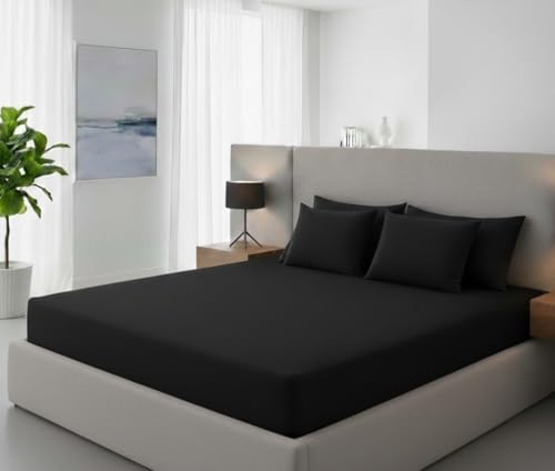 Image of 400TC Cotton Feel Glace Cotton Double Bed Elastic Fitted Bedsheet King Size Set || Includes 1 Solid Plain Fitted Bedsheet King Size with 2 Pillow Covers (78 x 72 Inches, Black)