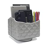 UnionBasic PU Leather 360 Degrees Rotatable Remote Control/Controller Organizer, Spinning TV Guide/Mail/Media Desktop Organizer Caddy Holder (Silver w/Pearl)