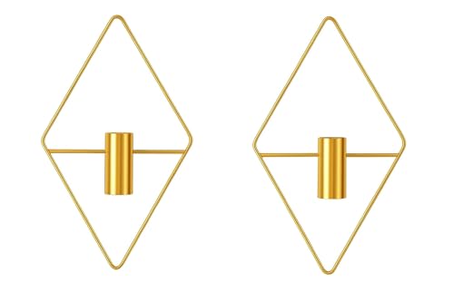 Image of Wall Mounted Flower Vase, Gold Geometric Diamond Shape Metal Frame with Cylindrical Holder, Set of 2 (with Artificial Flowers)