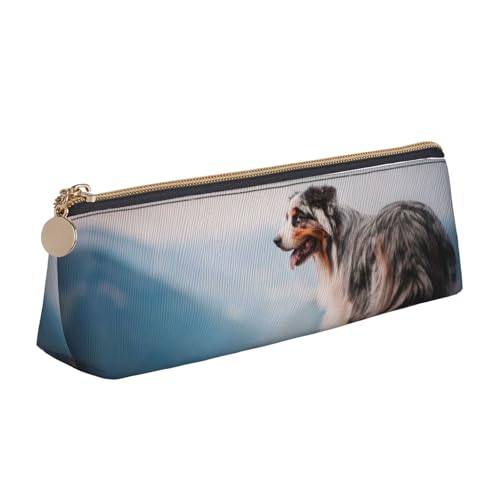 KemEng Berger Australien Montagnes Aussie Animaux Chiens, Trousse à Crayons Triangulaire en Cuir avec Fermeture éclair, Trousse à Crayons Portable, Trousse à cosmétiques
