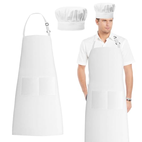 White Chef Apron and Hat Set Chef Hat and Kitchen Apron with Front Pockets for Adult Adjustable Apron Baker Costume for Cooking Baking Grilling Restaurant Men Women Halloween Cosplay Accessories