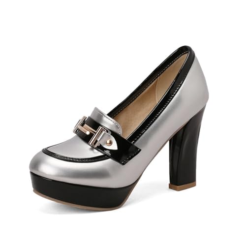 Aflngle Women's Platform Chunky High Heels Shoes Fashion Round Closed Toe Patent Leather Loafers Comfortable Casual Business Work Office Mary Jane Dress Pumps