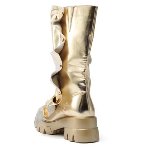 DETOGNI Womens Metallic Mid Calf Pull-On Fit Flat Boots Scrunched Detachable Overlay Snap Buttons Chunky Platform Rounded Toe Booties4