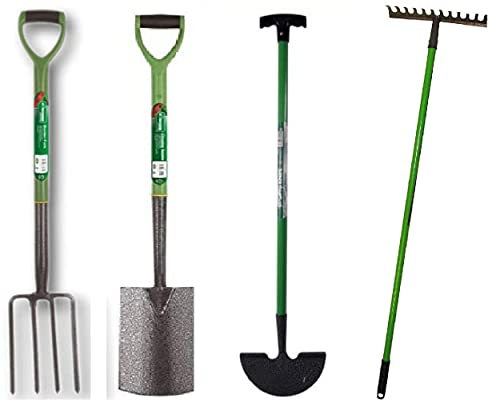 Monal Green Garden Farming Lightweight Gardening Hand Tools Soft Plastic Handle Grip Strong and Durable Carbon Steel (Set of 4 Fork, Spade, Rake, Lawn Edge)