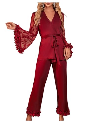 Verdusa Women's Feather Trim Silk Satin Pajamas Button Down Long Sleeve Top and Pants Lounge Set
