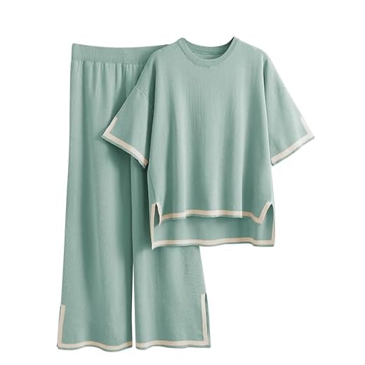 Conjunto de suéter feminino de malha de 2 peças da Faleave, pulôver de manga curta, blusa com cintura elástica e pernas largas, Verde (Greygreen), G