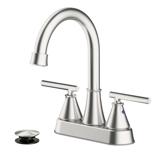 Bathroom Sink Faucet 4 Inch 2 Handle Centerset Brushed Nickel Lead-Free Modern Bathroom Faucet Vanity Faucet with Pop-up Drain Stopper and Supply Hoses