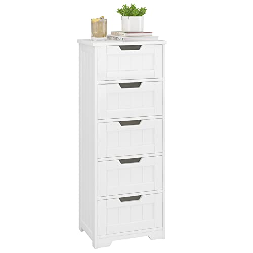 FOREHILL Meuble sur Pied de Salle de Bain Armoire de Rangement en Bois avec 5 Tiroirs Commode pour Salle de Bain Couloir Chambre Blanc 40x30x102cm