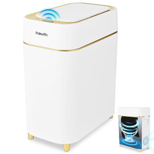 Image of Pukomc 2.3 Gallon / 9L Automatic Adsorption Sensor Trash Can | White Gold Motion Sensor Garbage Bin with Suction, Slim Fashionable Design for Kitchen, Bathroom, Office & Small Space