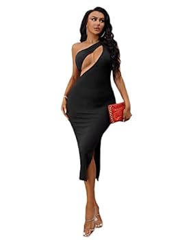 SheIn Women's One Shoulder Cut Out Side Split Midi Bodycon