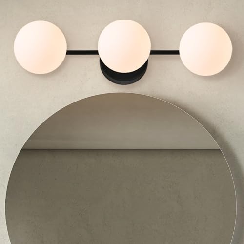 Image of 3-Light Black Bathroom Vanity Light - Matte Black Modern Wall Sconce with Frosted Glass Globes for Mirror, Sink, Bedroom, Hallway, Kitchen - G9 Bulbs Not Included