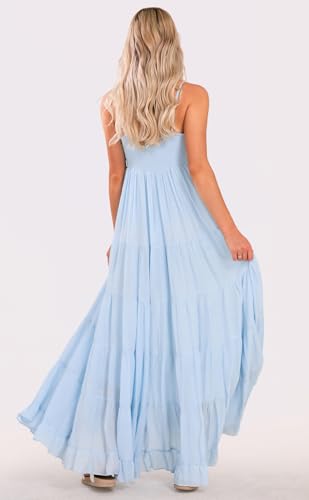 Image of loveimgs Women Summer Spaghetti Strap Smocked Maxi Dress Tiered Ruffle Sleeveless Long Flowy Dress Beach Sundress