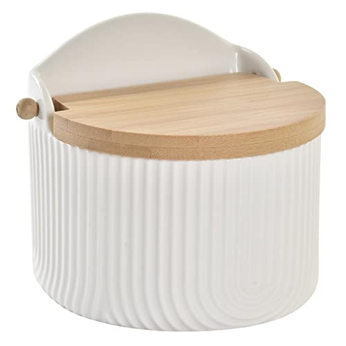 Space Home - Keramik Zuckerdose - Zucker Schüssel mit Deckel - Zuckerschale - Gewürzgläser - Aufbewahrung für Gewürze Salz, Pfeffer, Kräuter - Modernes Design - Weiß Cover