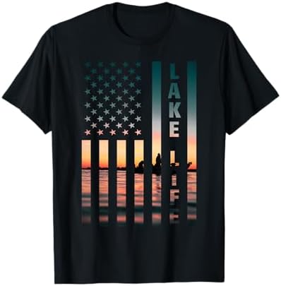 Lake Life Fisherman Sunset American Flag Bass Fishing Boat T-Shirt