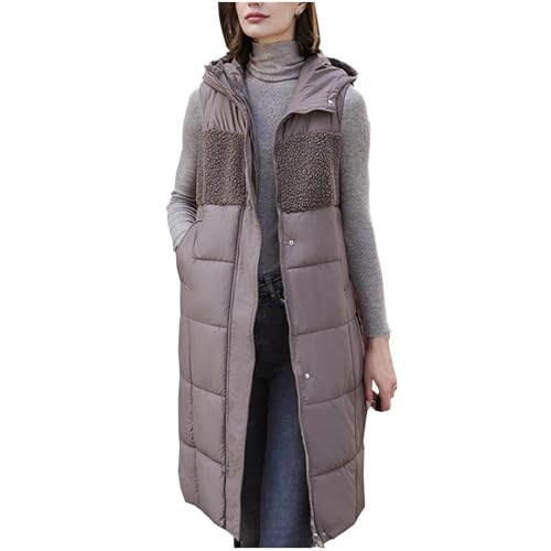 NSICBMNO Brown Long Gilet For Women Uk - Winter Coats, Down Gilet Bodywarmers Quilted Vest, Longline Puffer Coat Hooded Padded Fleece Overcoat With Pockets, Sleeveless Puffer Jacket Bomber Jacket