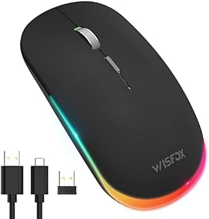 WisFox Bluetooth Mouse, Rechargeable Slim Silent 3 Modes Bluetooth 5.0 & 3.0+USB Wireless Mouse, Portable LED Ergonomic Cordless Travel Mouse for Laptop Computer, MacBook, iPad, Chromebook(Black)