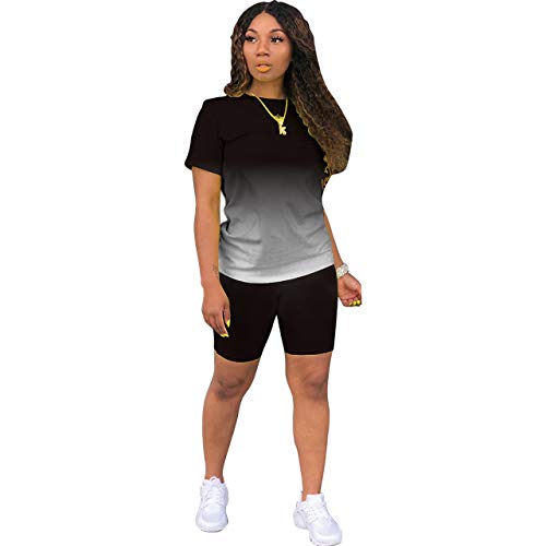 Tie Dye Women 2 Piece Outfits Sets for Women Sexy Bodycon Short Sleeve Tracksuits Jogger Shorts Pants Set Black M - Thumbnail 7