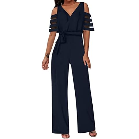 Jumpsuit Damen Elegant Festlich Jumpsuits FüR Damen Sommer V-Ausschnitt Glitzer-Pailletten-Strampler Kurzarm Lange Overall Elegant Business Hosenanzug Weites Bein Playsuit Romper FüR Hochzeit Cover