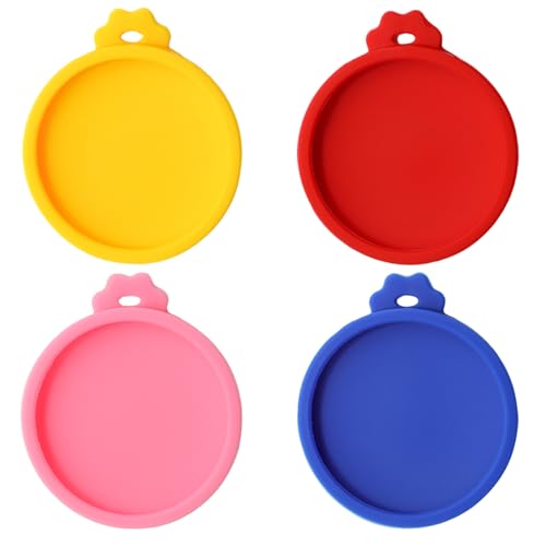 PINE & LINEN 4 Pcs 2.5inch Durable Pet Can Lids Silicone Small Pet Can Covers Waterproof Cat Food Cans Lids for 3 oz Cat Food CansYellow+Red+Pink+Blue
