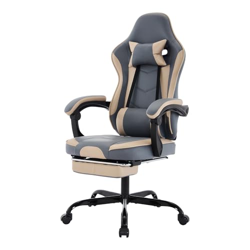 Image of Gaming Chair with Headrest and Lumbar Support, High Back Computer Office Desk Chair with Footrest, 360 Swivel Height Adjustable Recliner Game Chair (Beige Blue)