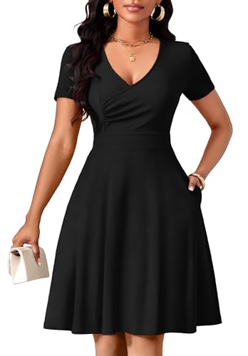 Women Summer Short Sleeve Dress V Neck Semi Casual Fit and Flare Church Wedding Guest Work Dresses with Pockets