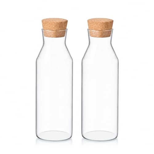 Eden & Willow Set of 2 Borosilicate Glass Carafes, 1L Water Jug with Cork Lid for Hot & Cold Beverages, Refillable Storage for Detergents & Juices