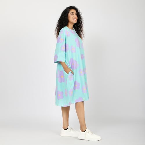 Image of LAMA STORE Women's Printed Oversized T-Shirt Dress, Cotton, 3 /4 Sleeve Length, Casual Loose Fit, Comfort Wear Extra Comfy Oversized Printed Pocket T-Shirt Dress