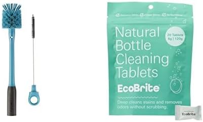 Owala 2-in-1 Water Bottle Brush Cleaner and Straw Cleaner Brush, with Removable Head and Twist n’ Hide Straw Brush, Smokey Blue + EcoBrite All Natural, Powerful Cleaning Tablets (Pack of 20)
