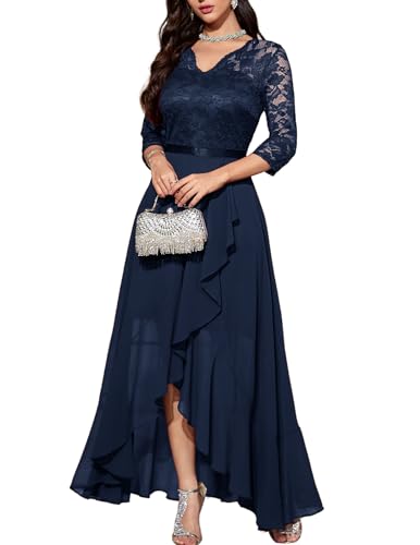 Bbonlinedress Abendkleider Langarm elegant Damen Spitze Chiffon V-Ausschnitt Brautjunferkleid Party Abschlusskleid festliches Ballkleid Navy L
