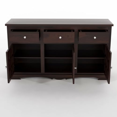 Image of Sheesham Wood Sideboard and Cabinets | Wooden Side Board Tv Cabinet with Multicolor Tiles for Living Room | Free Standing Buffet with 3 Drawers & 3 Door Cabinet Storage, Walnut Finish