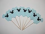 24 Blue Jumpsuit cupcake toppers w/Mickey - Blue Onesie w/inspired mickey head - food picks baby Boy shower Birthday decor decorations