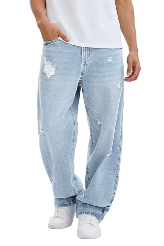 Men's Y2K Hip Hop Ripped Baggy Jeans Loose Fit Wide Leg Denim Pants Casual Streetwear Trousers