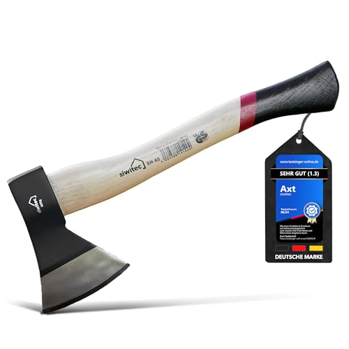 siwitec Holzaxt SH-60 mit Hickory-Stiel und C45 Carbon Klinge, Länge: 36 cm, Kopfgewicht: 600 g, Beil, Camping Axt, Survival Axt