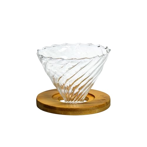 Image of The Bean Co Roasters Coffee Dripper with Wooden Ring - Manual Pour Over Brewer for Cup & Carafe | Heat-Resistant Borosilicate Glass | Cafe-Style Brewing | Wooden Base
