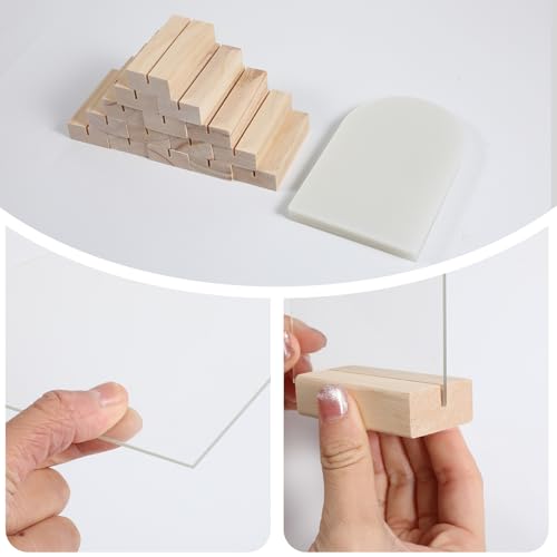 YUXIANLB 15 Pack Arch Acrylic Sign with Wood Stand, 5 x 3 Inch Clear Arched Table Signs Numbers Name Place Cards, Acrylic Blanks with Frame Stand for Wedding Restaurant Drink Menu Invitations Sign